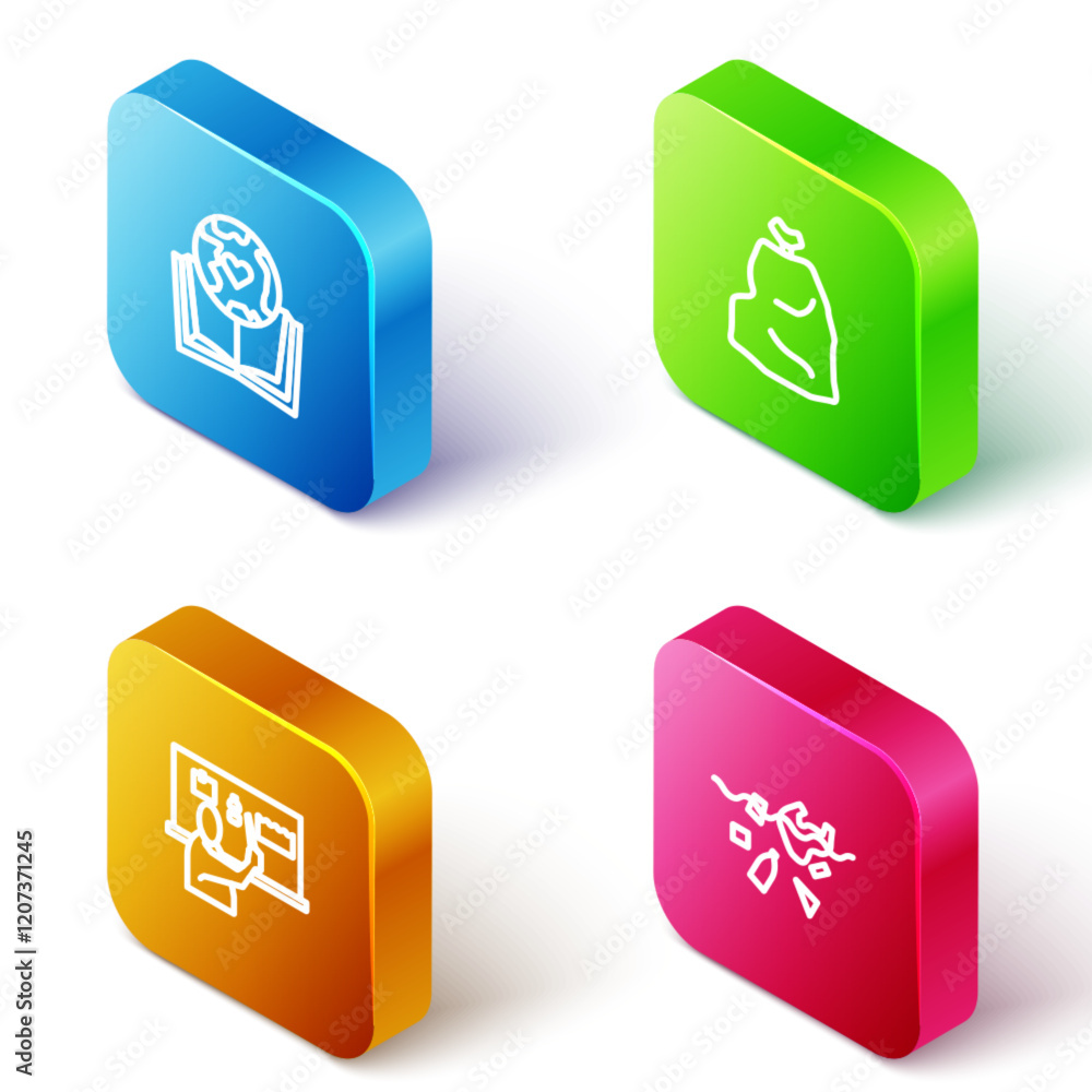 Poster set isometric line earth globe and book, garbage bag, stop plastic pollution and problem of planet i