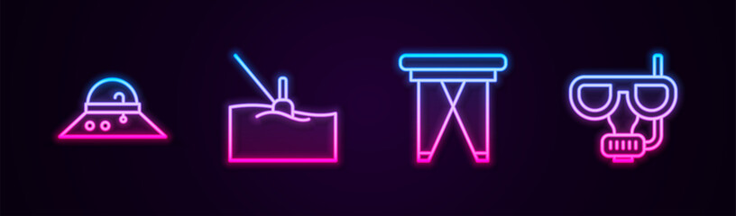 Set line Fisherman hat, Fishing float in water, Folding chair and Diving mask and snorkel. Glowing neon icon. Vector