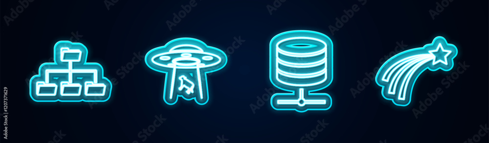 Poster set line folder tree, ufo abducts cow, server, data, web hosting and falling star. glowing neon icon