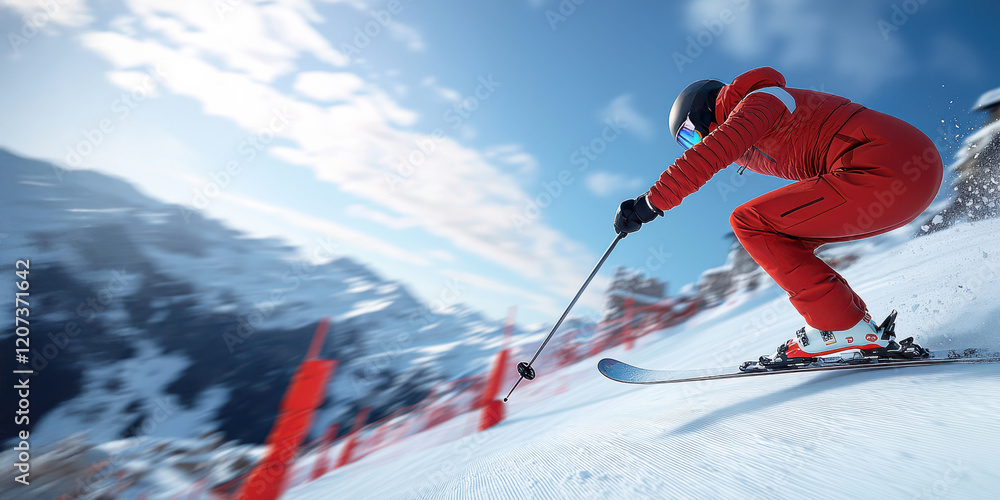 Wall mural Winter Activities, A skier in a red suit descends a snowy slope amidst a breathtaking mountain landscape under a clear blue sky.