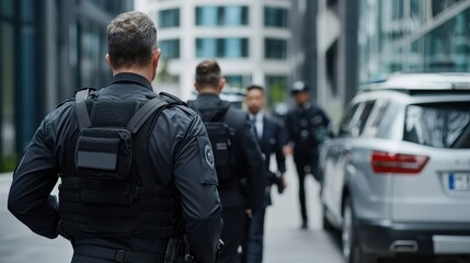 Medical and security evacuation. Police officers in tactical gear walking in an urban setting near a parked vehicle.