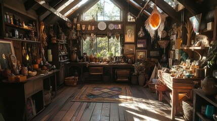 A cozy yet spacious boutique interior featuring an eclectic mix of goods, including handmade jewelry, artisanal pottery, and unique home decor, with sunlight streaming through skylights.