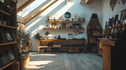 A cozy yet spacious boutique interior featuring an eclectic mix of goods, including handmade jewelry, artisanal pottery, and unique home decor, with sunlight streaming through skylights.
