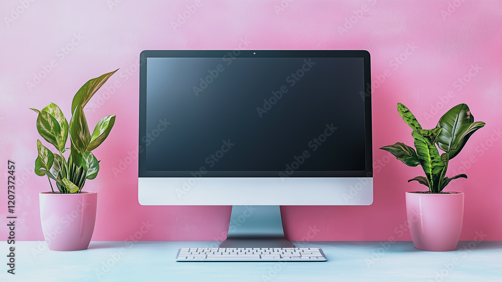 Aufkleber pink desk setup: modern workspace featuring a sleek desktop computer with a blank screen, flanked by