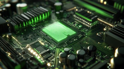 Fototapeta premium A detailed view of a computer circuit board showcasing a CPU and surrounding components, including capacitors and integrated circuits, with a glowing green PCB.