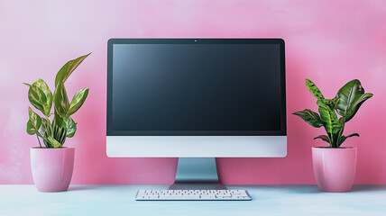 Pink Desk Setup: Modern workspace featuring a sleek desktop computer with a blank screen, flanked by two potted plants against a vibrant pink wall.  Perfect for showcasing your designs or branding. 