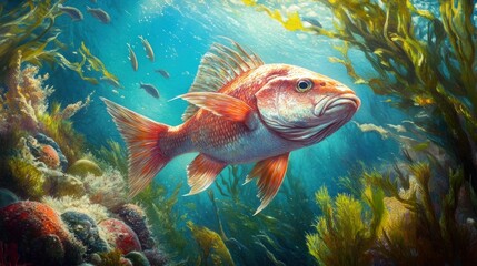 Fototapeta premium A female sheephead fish exploring the dense kelp forest (Macrocystis pyrifera), with small schools of reef fish swimming around the vibrant underwater environment near Santa Barbara Island.