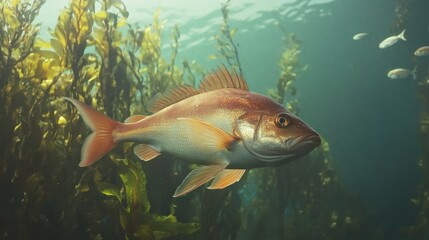 Fototapeta premium A female sheephead fish exploring the dense kelp forest (Macrocystis pyrifera), with small schools of reef fish swimming around the vibrant underwater environment near Santa Barbara Island.