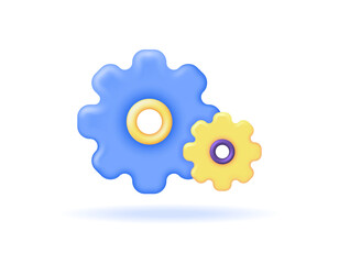 illustration of two gears, blue and yellow. concept of operation, process, configuration, repair, maintenance, engineering, automation, setting. symbol or icon. minimalist 3d style design. element