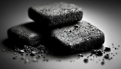 Fototapeta premium Black Charcoal Cubes Stacked On Gray Surface