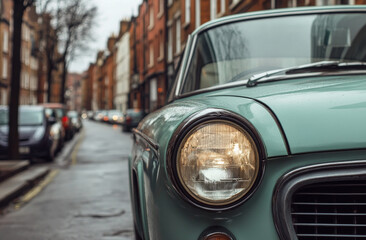 Fototapeta premium A vintage car sits on a wet street surrounded by beautiful brick architecture. Raindrops glisten on the car's surface, creating a moody atmosphere in the urban environment