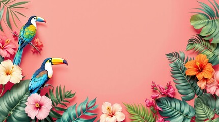 Naklejka premium Colorful tropical toucans and vibrant hibiscus flowers on pink background
