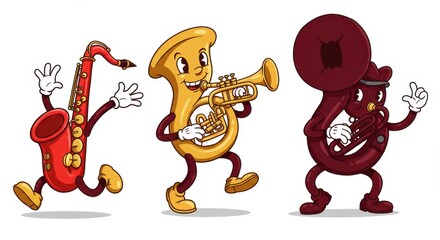 Cheerful musical instruments cartoon - saxophone, saxhorn, tuba characters in motion