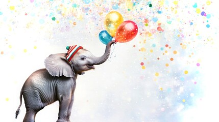 Fototapeta premium Baby elephant joyfully playing with colorful balloons in a festive atmosphere