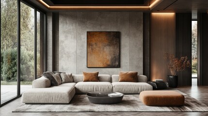 Modern Living Room Interior Design with Concrete Wall and Large Windows
