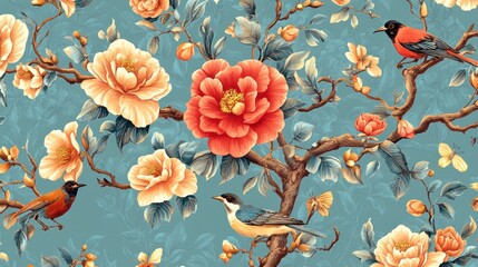 Asian floral birds seamless pattern textile design