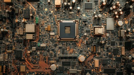 A high-detail shot of a central processing unit (CPU) on a circuit board, surrounded by intricate microchip connections, metallic traces, and small electronic parts.