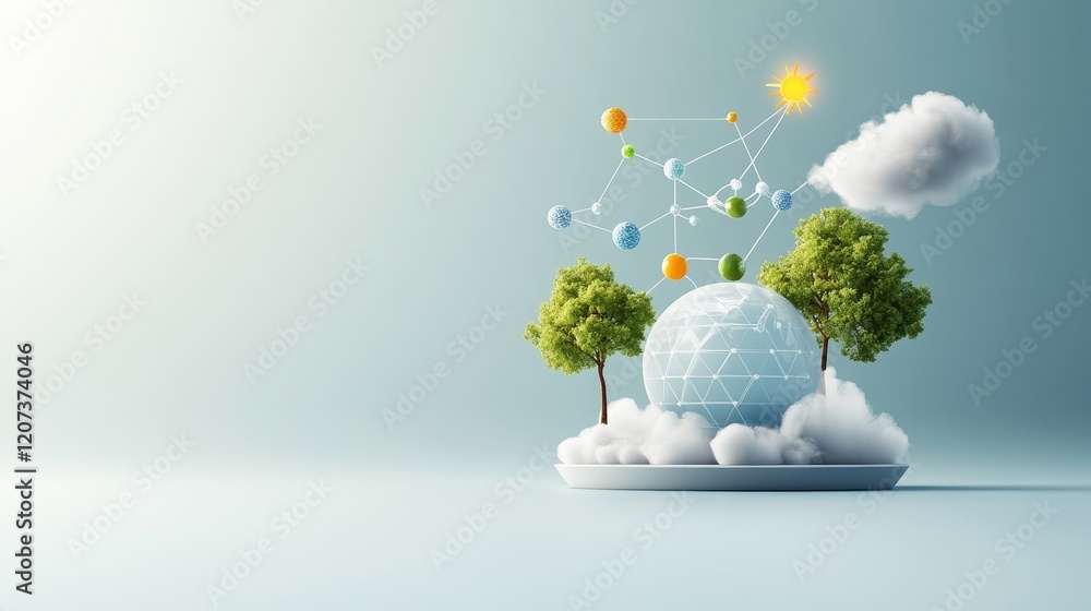 Poster conceptual representation of a sustainable future featuring an abstract globe surrounded by greenery