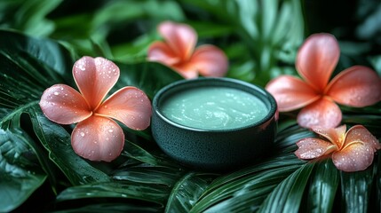 Spa Scene with Pink Plumeria Flowers and Skincare Cream