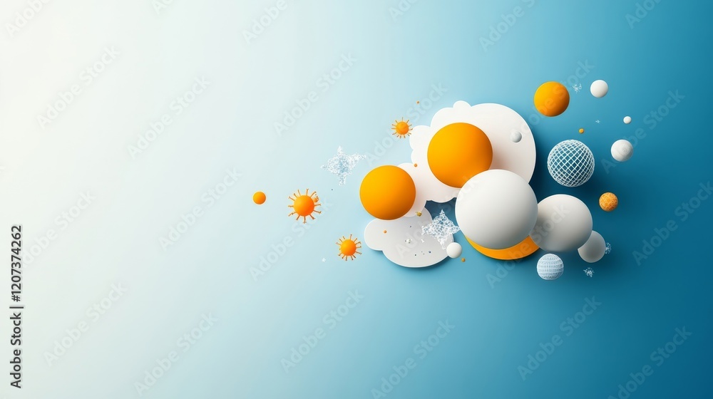 Poster colorful abstract composition of 3d spheres and clouds creating a vibrant and playful display agains