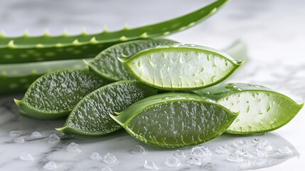 Fresh Aloe Vera Leaves Cut Open on a White Marble Surface