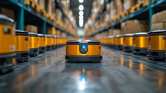 Robotic pickers efficiently working in a warehouse aisle during daylight hours - Powered by Adobe