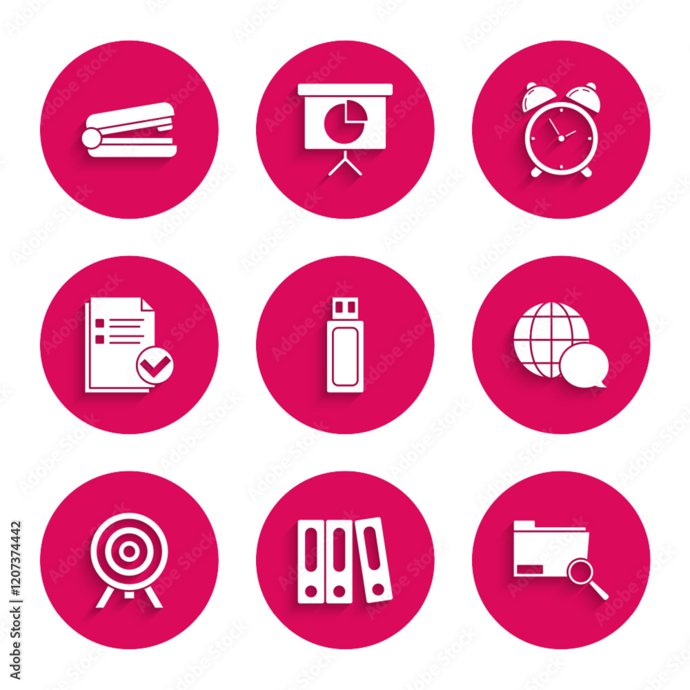 Poster set usb flash drive, office folders with papers and documents, search concept, world map made from s