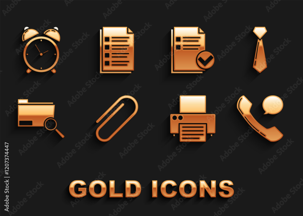 Poster set paper clip, tie, telephone handset and speech bubble chat, printer, search concept with folder, 