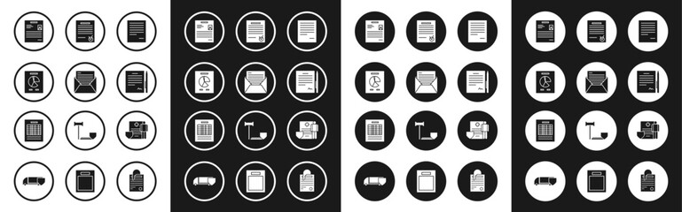 Set Document, Mail and e-mail, with graph chart, Personal document, Contract pen, Confirmed check mark, Medical clipboard clinical record and Report file icon. Vector