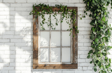 Obraz premium A rustic wooden window frame sits against a white brick wall, surrounded by vibrant green vines. Soft shadows play across the surface, creating a tranquil ambiance in natural light