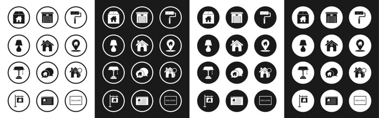 Set Paint roller brush, House, Table lamp, Cardboard box with house, Map pointer, Garage, Search and icon. Vector
