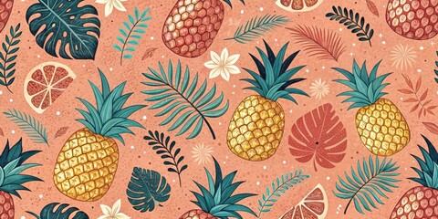 Tropical pineapple and leaf seamless pattern with exotic fruits and floral elements