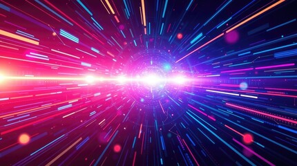 Fototapeta premium A vibrant digital background in futuristic sci-fi style, featuring bright lens flares, light streaks, and space elements. The aesthetic is one of advanced technology