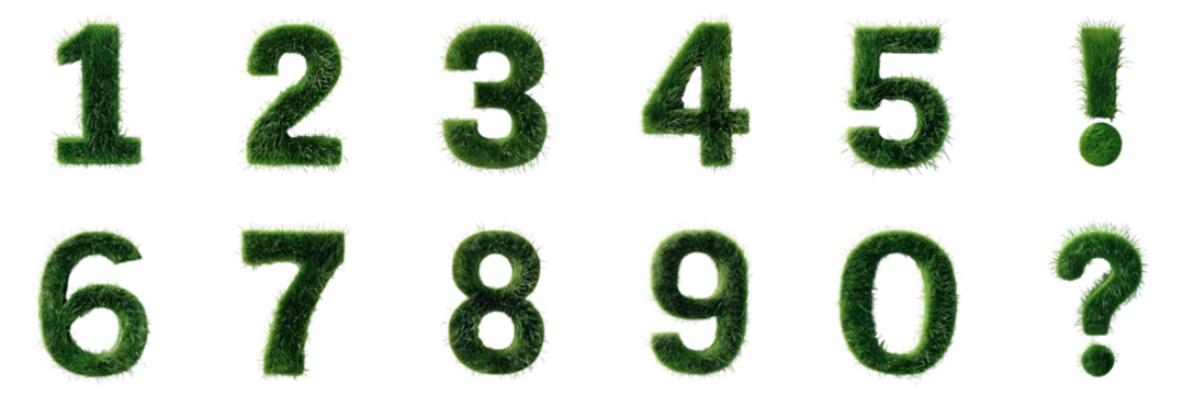 Numbers and signs made of grass, which creates a feeling of naturalness and environmental friendliness. Transparent background.