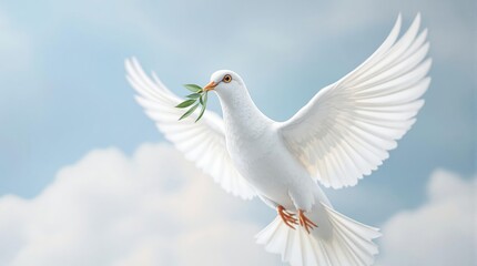 Obraz premium Graceful white dove flying with olive branch against soft cloudy sky
