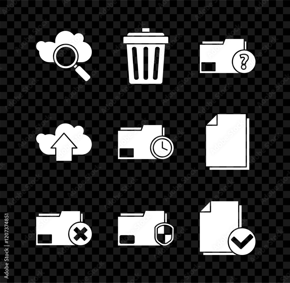 Poster set search cloud computing, trash can, unknown document folder, delete, document protection, and che