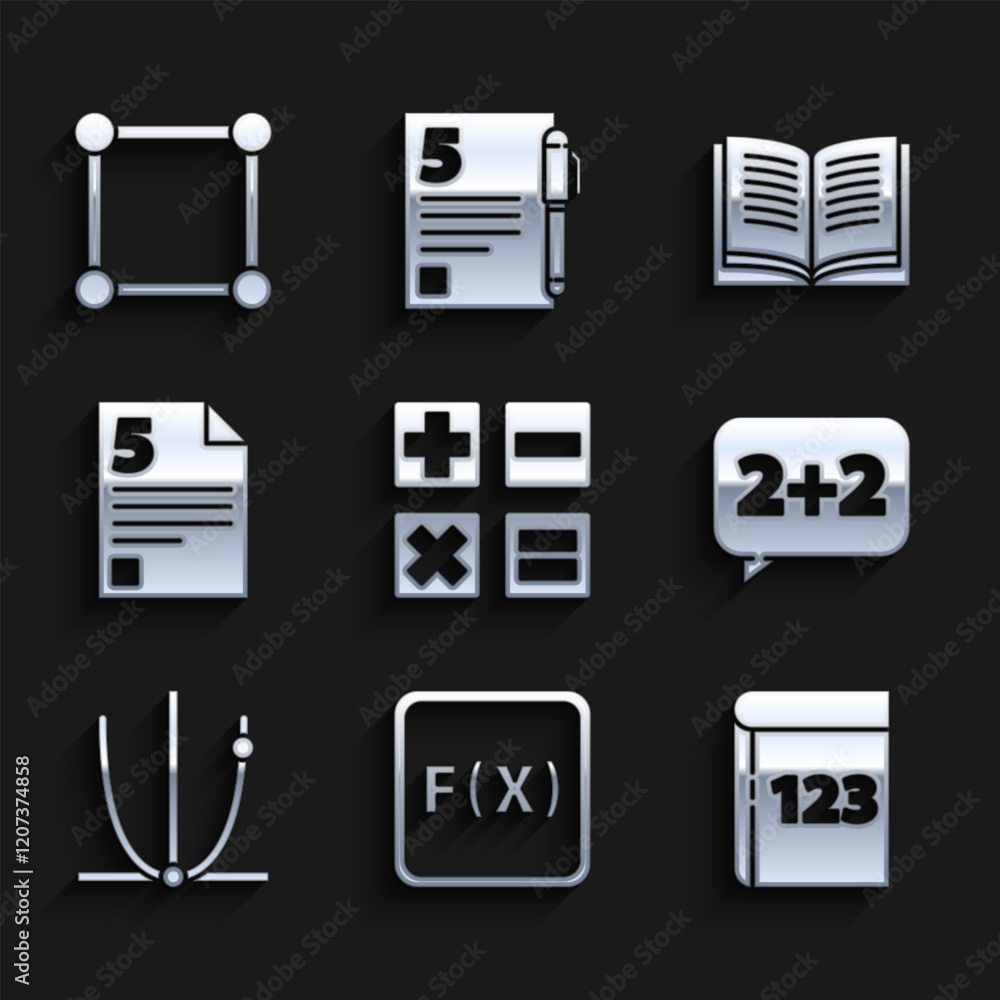 Poster set calculator, function mathematical symbol, book with word mathematics, equation solution, graph, 