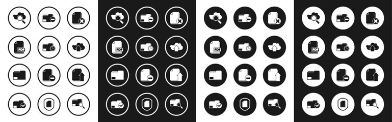 Set Delete file document, Document folder with clock, PDF, Search cloud computing, Cloud upload, minus, Upload and icon. Vector