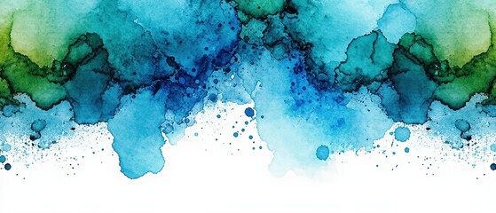Blue Green Watercolor Paint Splash Background with Fringe Bleed Wash and Bloom Design Vintage Watercolor Paper Texture with Blobs of Paint and Textured Grain. Made with generative AI