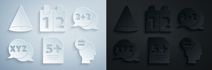 Set Test or exam sheet, Equation solution, XYZ Coordinate system, Calculation, Calendar and Geometric figure Cone icon. Vector