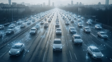 Autonomous Highway: A mesmerizing aerial view of a futuristic highway teeming with autonomous vehicles, showcasing seamless connectivity and intelligent transportation systems.