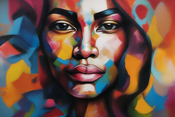 Abstract modern expressive portrait, female face with bright color elements, spots of paint