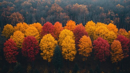Aerial autumn forest, vibrant foliage, hilltop view, fall colors, nature backdrop