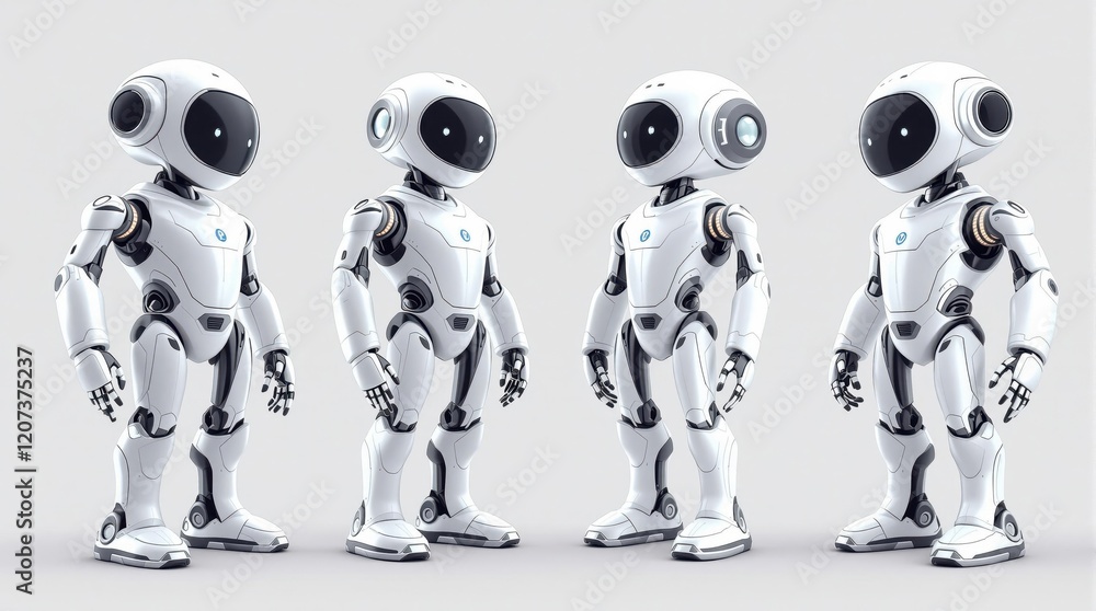 Poster futuristic white robot quartet with sleek design and advanced technology features