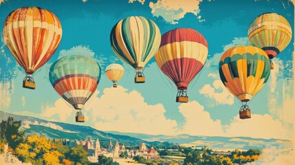 Obraz premium Vintage style poster of hot air balloon festival with colorful balloons and clear sky. Vintage style illustration.