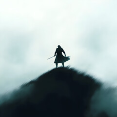 A Scottish highlander gripping his claymore, standing atop a misty hill as the wind roars around him.