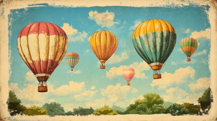 Naklejka premium Vintage style poster of hot air balloon festival with colorful balloons and clear sky. Vintage style illustration.