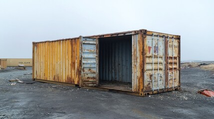 Fototapeta premium A partially open old shipping container with visible rust on its doors, sitting on a dirt road with scattered debris and a gray, overcast sky.