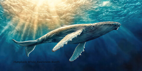 Humpback Whale Awareness Month celebrated with a vibrant watercolor illustration of a humpback whale swimming in the ocean.