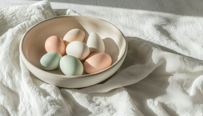 Pastel Eggs Resting In A Bowl On White Fabric